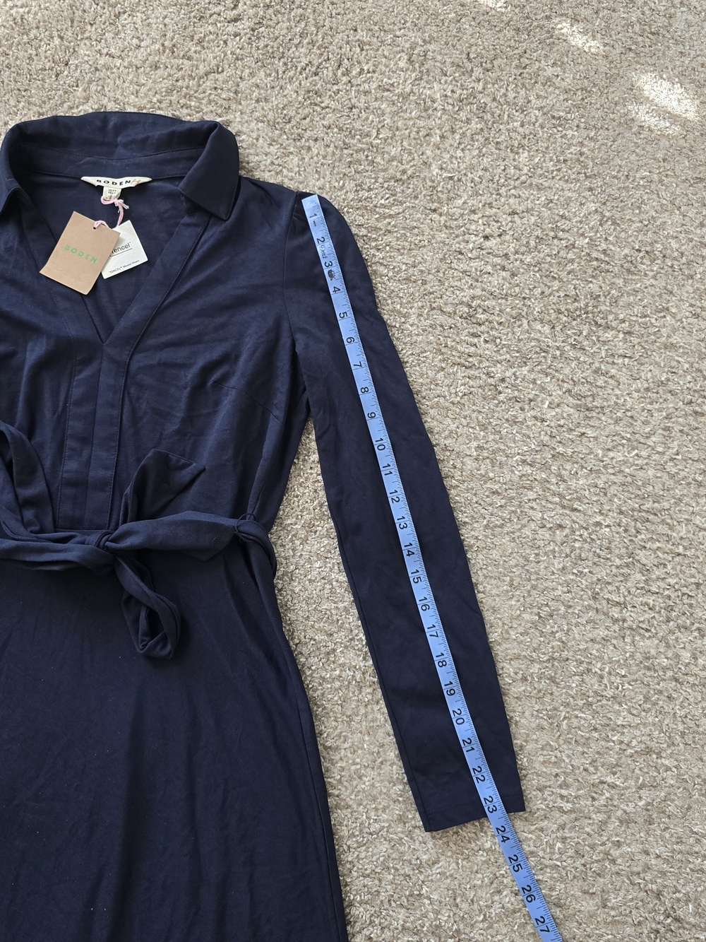 Boden Navy Solid Collared Long Sleeve Belted Tie Knit Midi Dress Chic Size 4 NEW - Picture 8 of 8